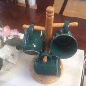 Vintage 4 Pomerantz Stoneware Dark Green Coffee Cups Mugs With Oak Tree Stand